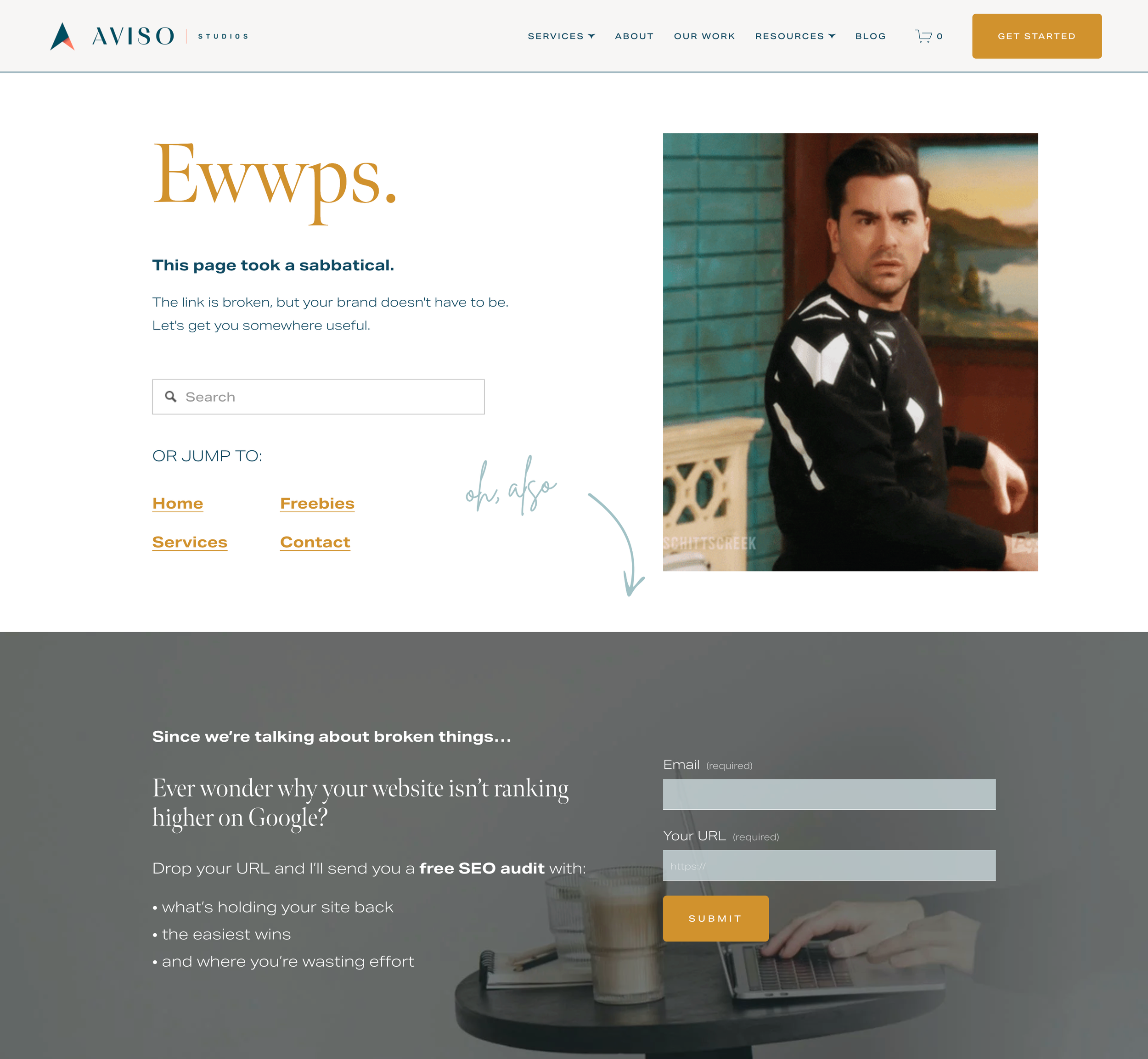 Custom Squarespace 404 page design for Aviso Studios featuring branded headline, search bar, navigation links, and a free SEO audit lead capture form