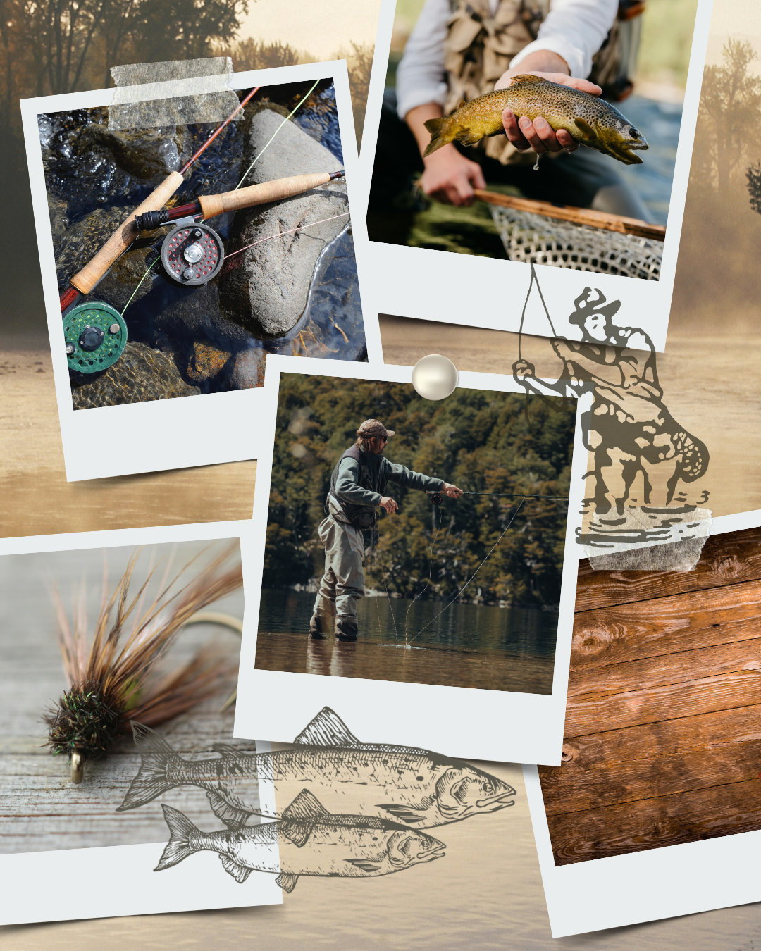 Brand direction moodboard for a fly fishing club and guide website inspired by river landscapes, outdoor textures, and lodge environments