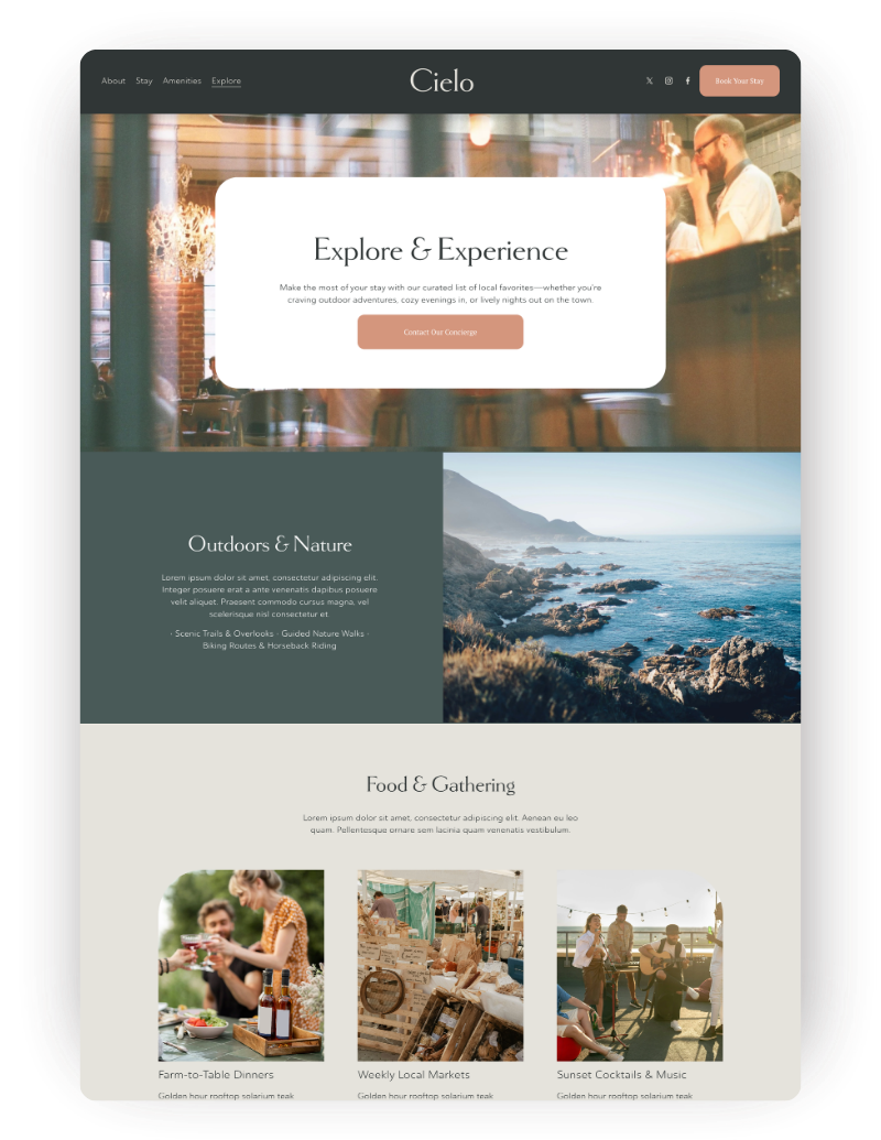 Explore page for a website template for hotels, resorts, vacation rentals.