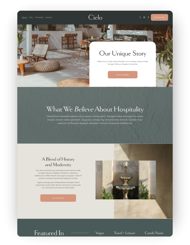 About page for squarespace template great for boutique hotels, retreats, vacation rentals.