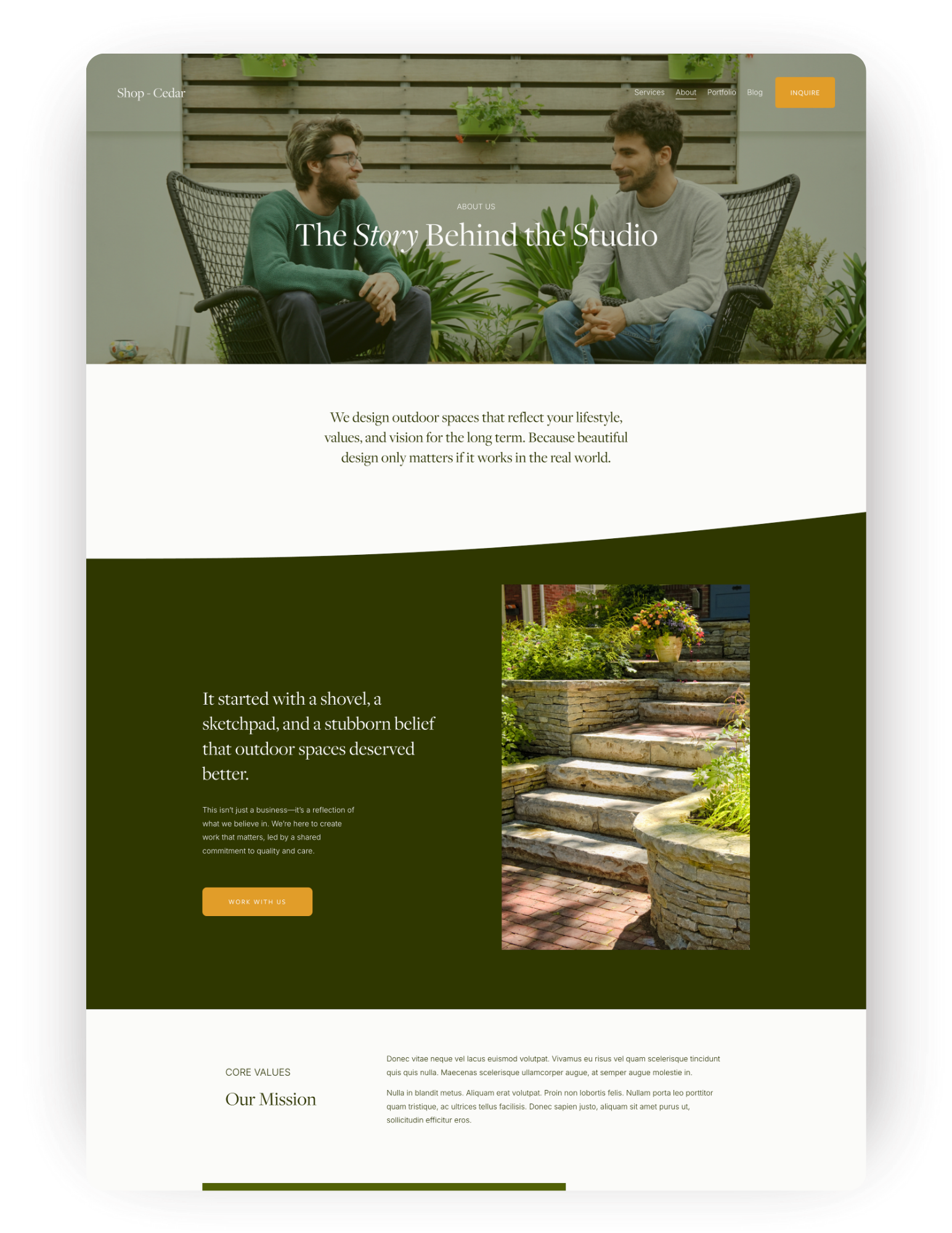 Homepage of a landscaping business website featuring a header image of two men sitting on outdoor chairs in a garden setting, with green plants and a wooden fence, and sections with text about outdoor design and stone stairs.