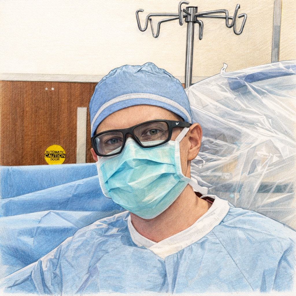 A person wearing scrubs, a surgical cap, glasses, and a face mask, sitting in a hospital or medical setting with medical equipment and a privacy cover in the background.