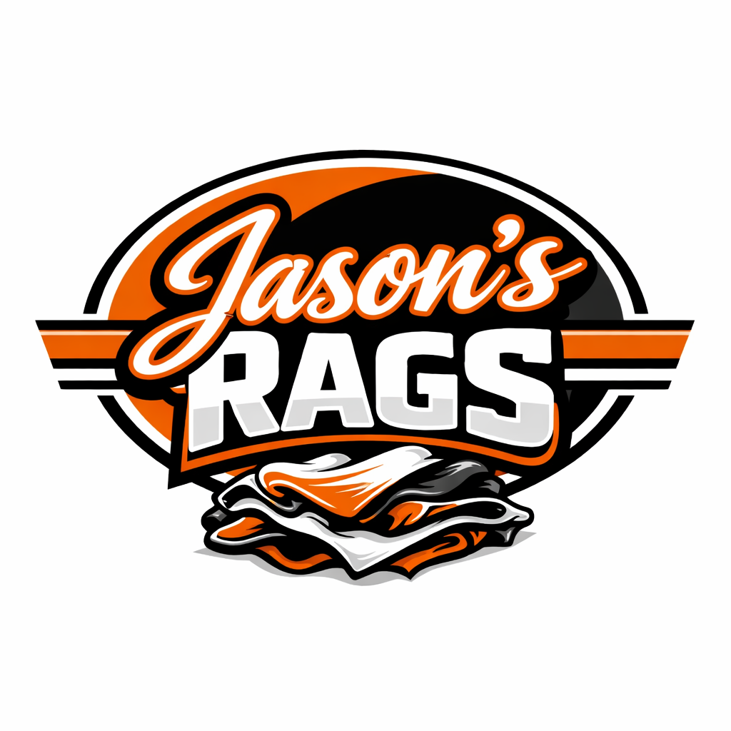 Logo for Jason's Rags featuring stylized text and a graphic of folded ragged fabric.