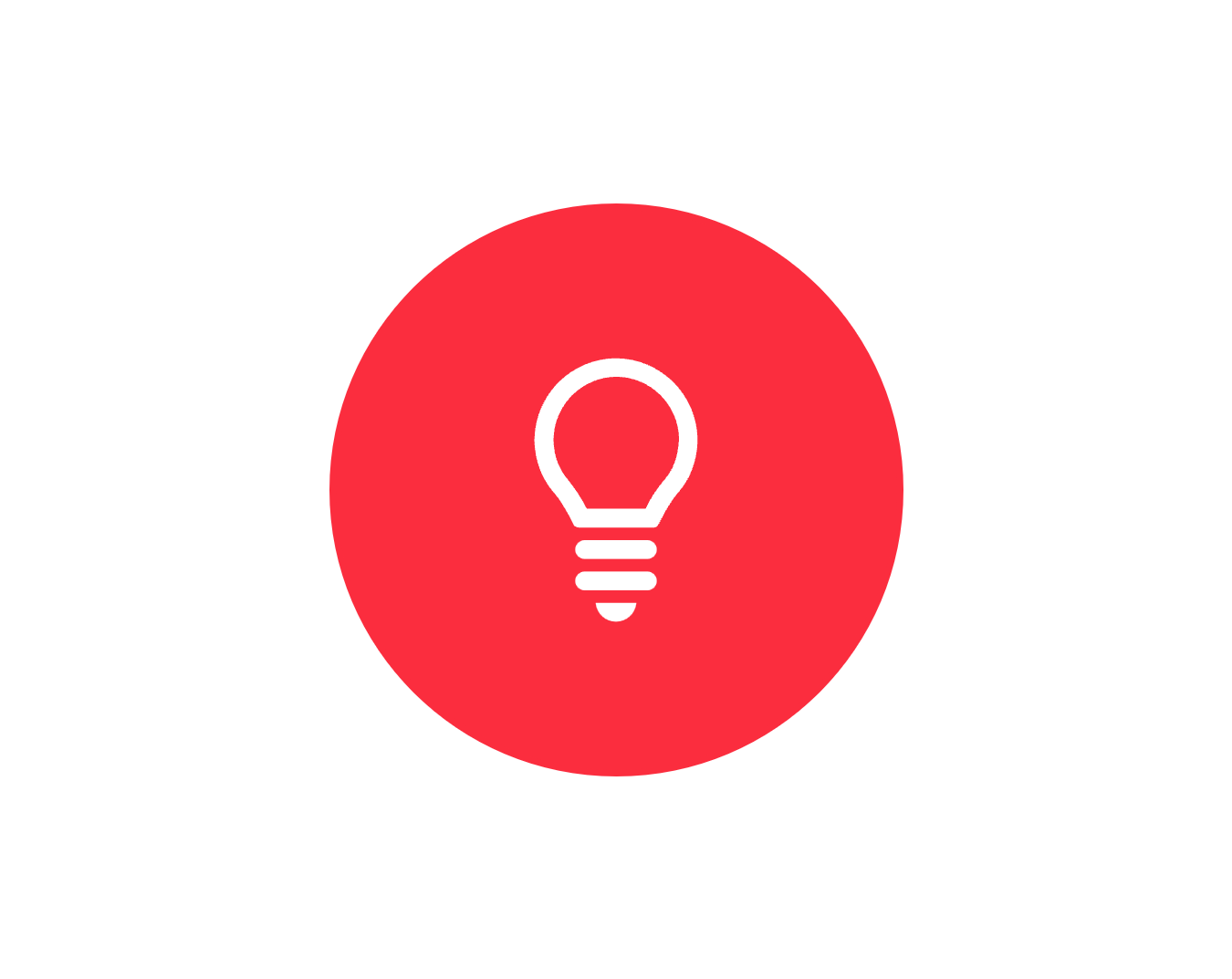 Icono de bombilla blanca sobre un fondo rojo circular, simbolizando una idea o inspiración.