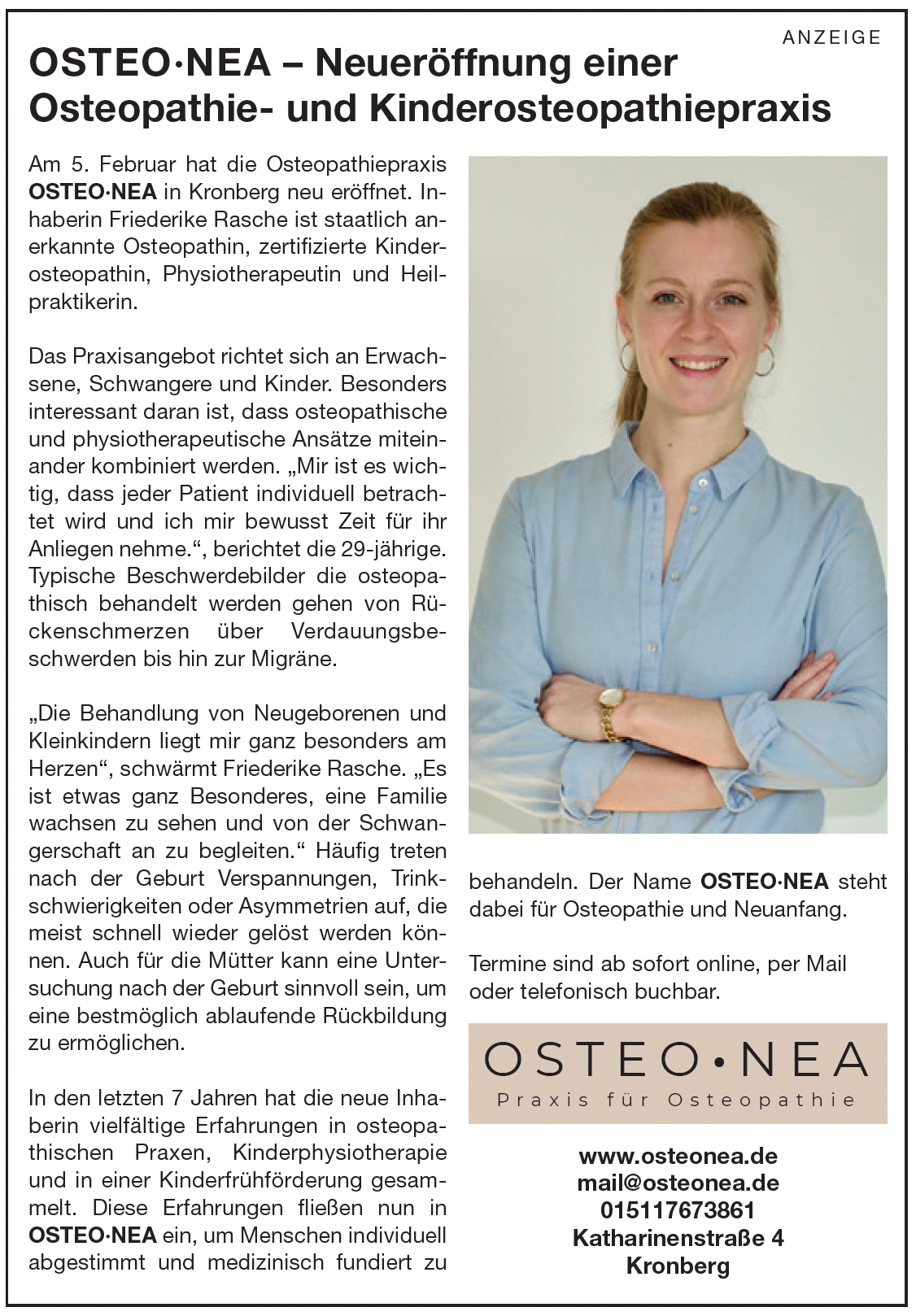 Auszug aus dem Kronberger Bote zur Neueröffnung meiner Praxis für Osteopathie & Kinderosteopathie OSTEONEA Friederike Rasche in Kronberg