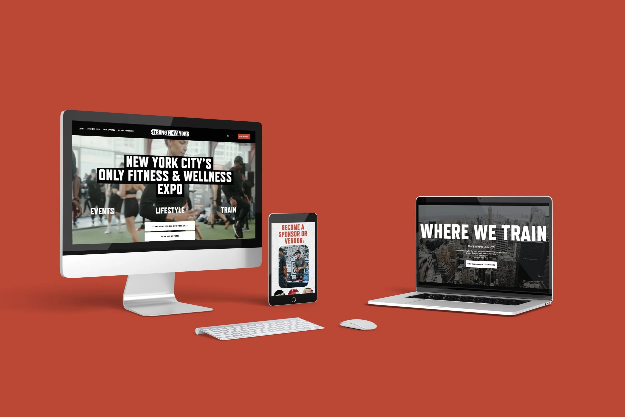 Desktop computer, tablet, and laptop displaying websites about fitness, wellness, and training, with a smartphone in between showcasing a sponsorship page, all set against a solid red background.