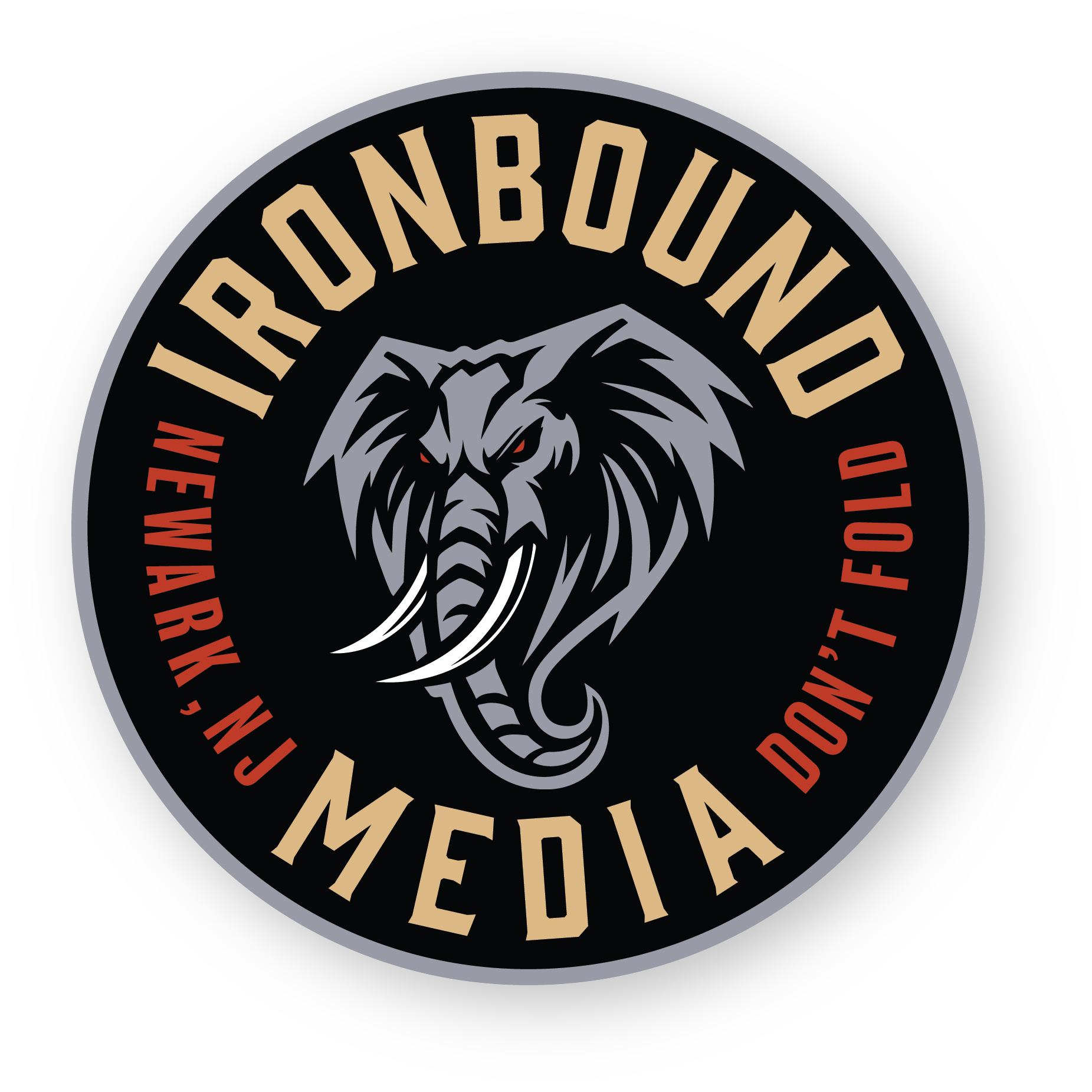 Circular logo for Iron Bound Media featuring a menacing black and gray elephant head with white tusks and red eyes, surrounded by the text 'Iron Bound Media' at the top and 'New York, NJ' and 'Don't Quit For' in red on the sides.
