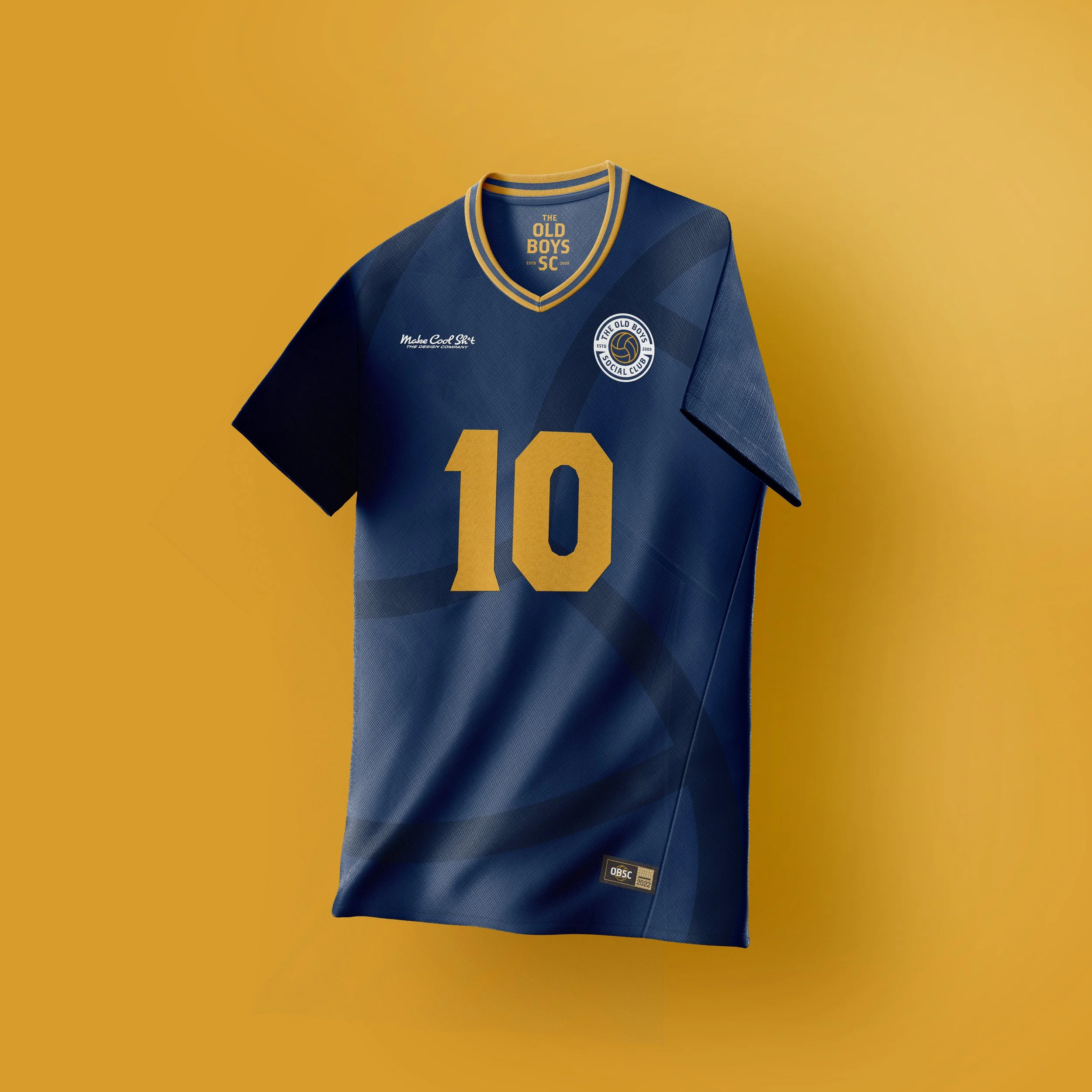 A blue sports jersey with yellow accents, the number 10 on the front, and various logos and text.