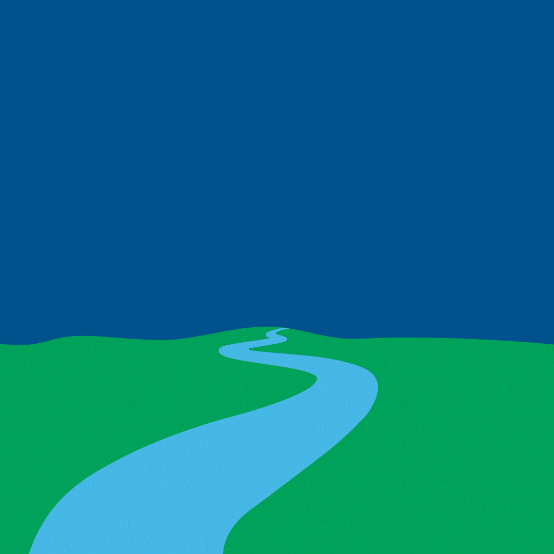 Simple illustration of a river flowing through green hills under a dark blue sky.