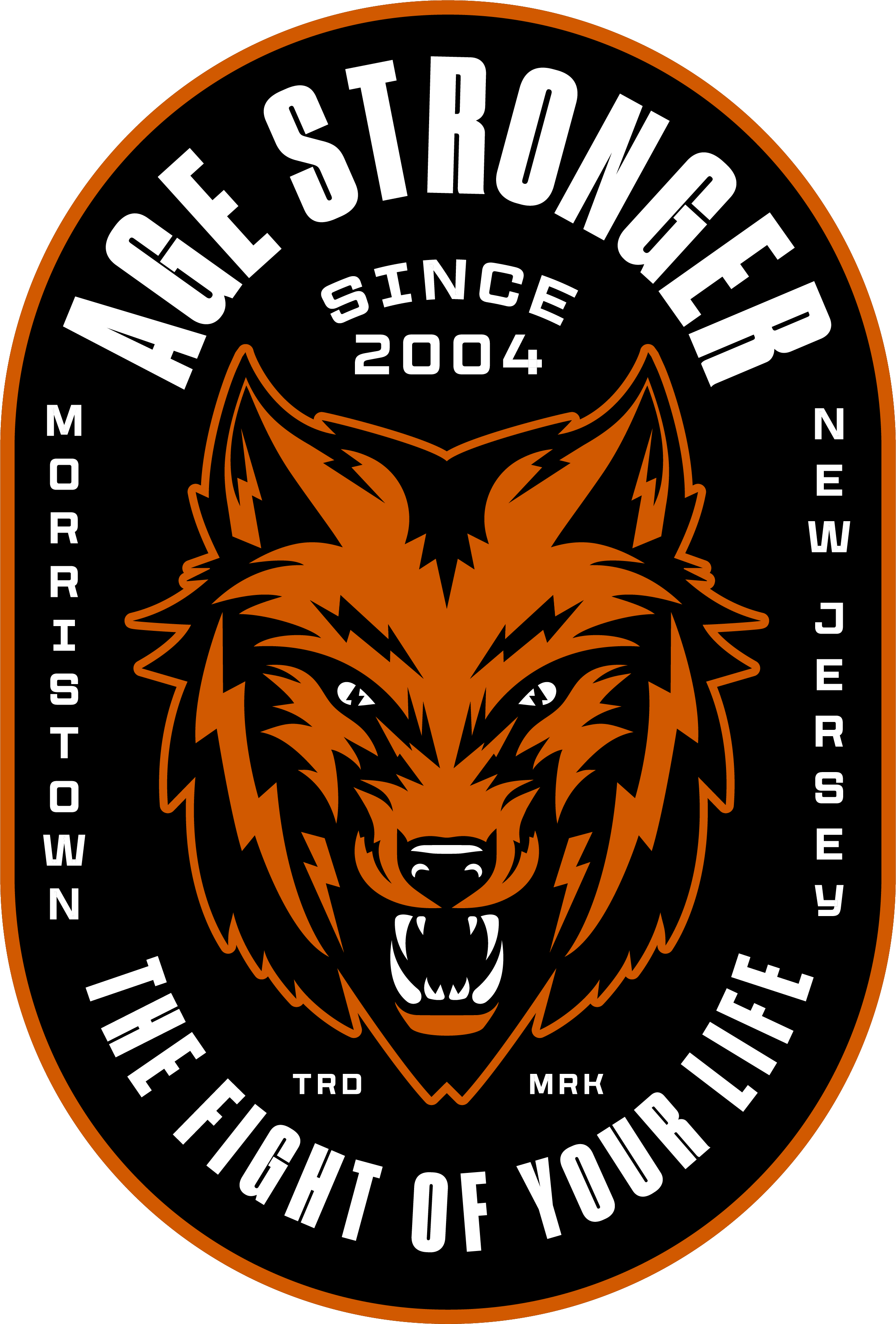 An oval logo with a stylized aggressive wolf head in black and orange at the center. Above the wolf, text reads "ACE STRONGER SINCE 2004." On the left side of the oval, it says "MORRISTOWN," and on the right side, "NEW JERSEY." At the bottom, the tex