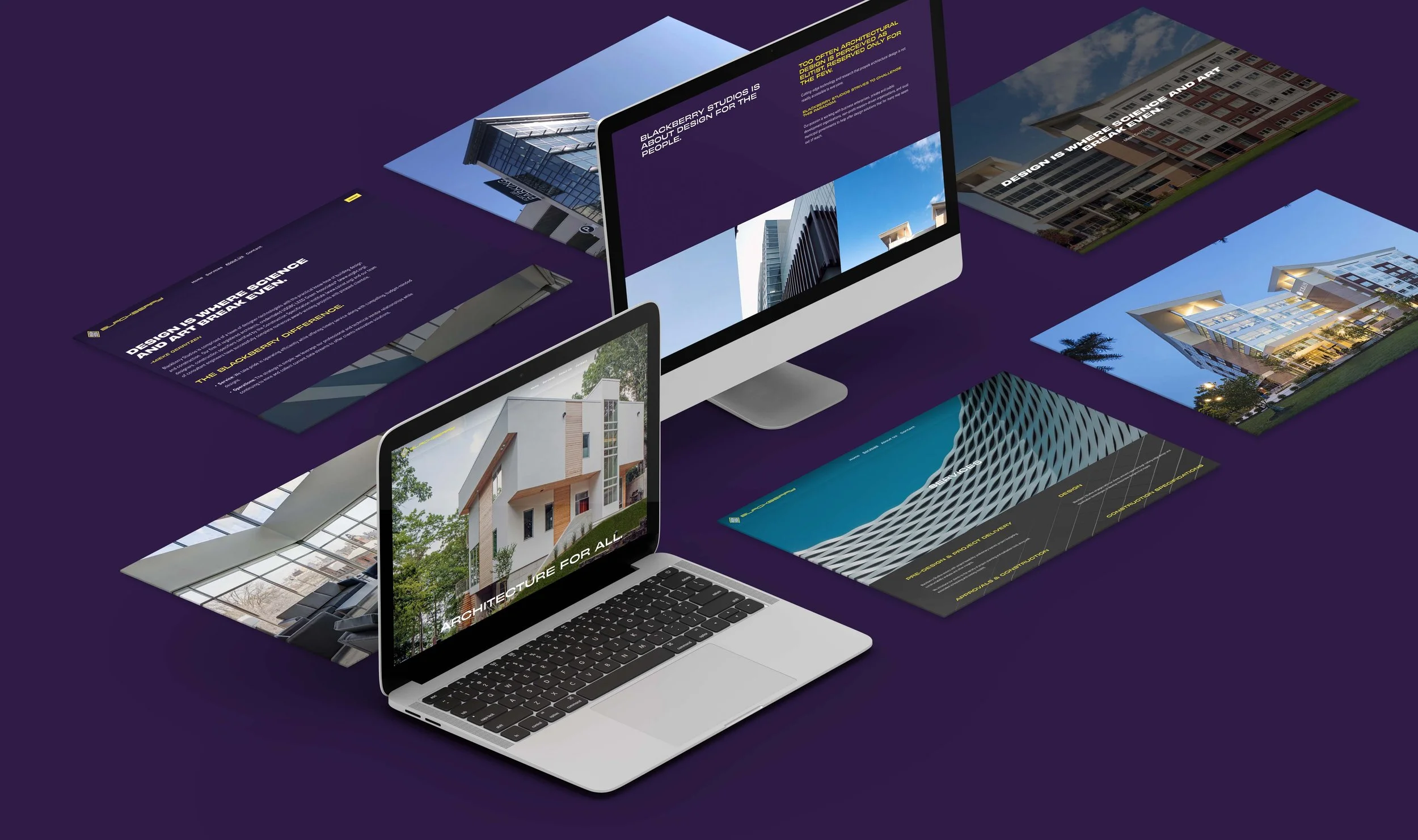 Digital displays featuring architectural and building design images and information on a purple background, including a laptop, a desktop monitor, and several design presentation boards.