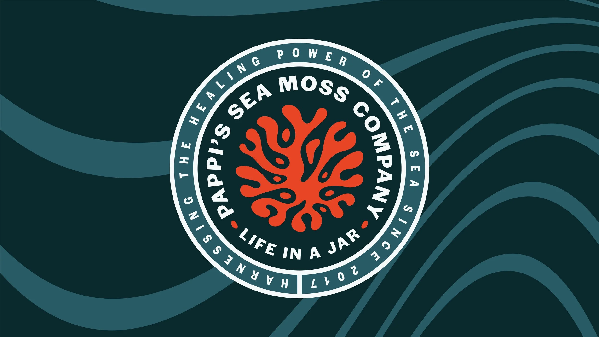 A circular logo with a stylized seaweed design in the center, surrounded by the text 'The Happiest Sea Moss Company' and phrases like 'Life in a jar' and 'The healing power of the sea' on a dark background with wavy lines.