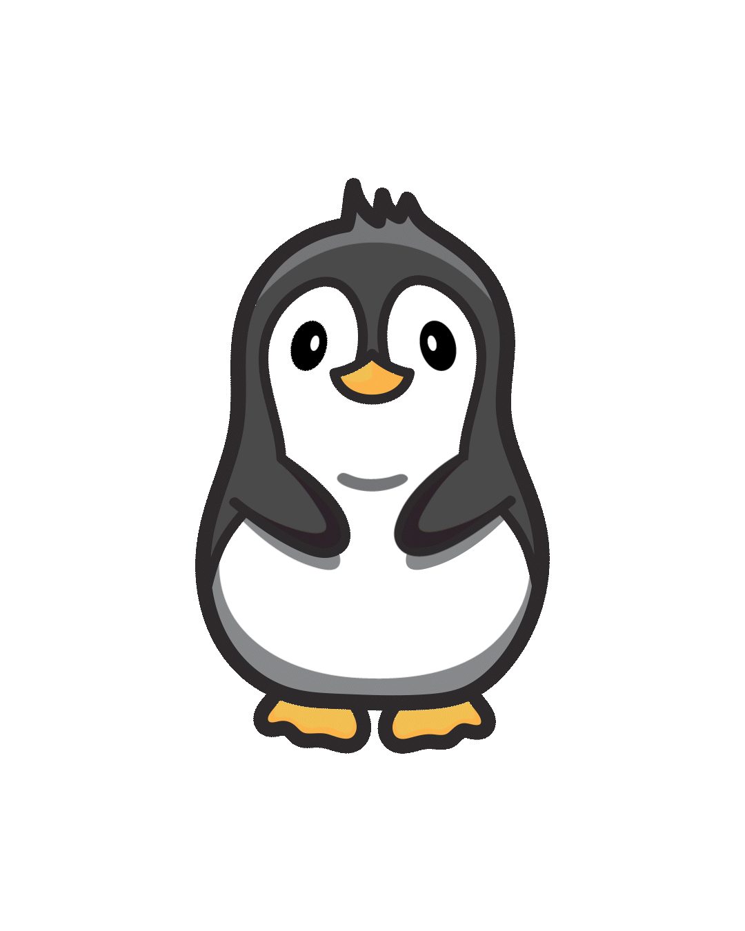 Cartoon penguin with black, white, and yellow features, smiling and facing forward.