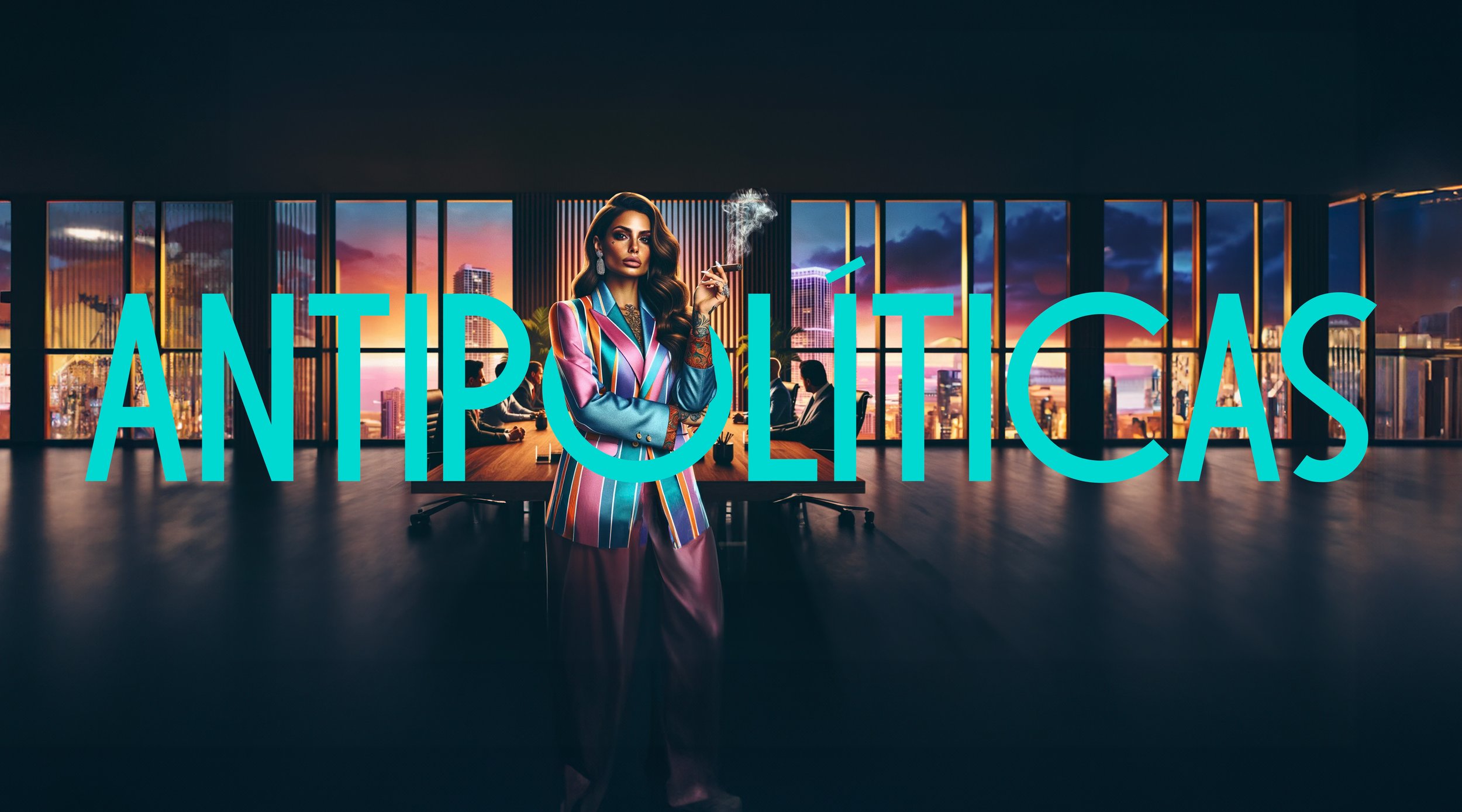 A woman in a colorful striped blazer and purple pants stands in a modern office with large windows showing a city skyline at sunset, smoking a cigar, with the word 'ANTIPOLÍTICAS' overlaid in bright blue letters.