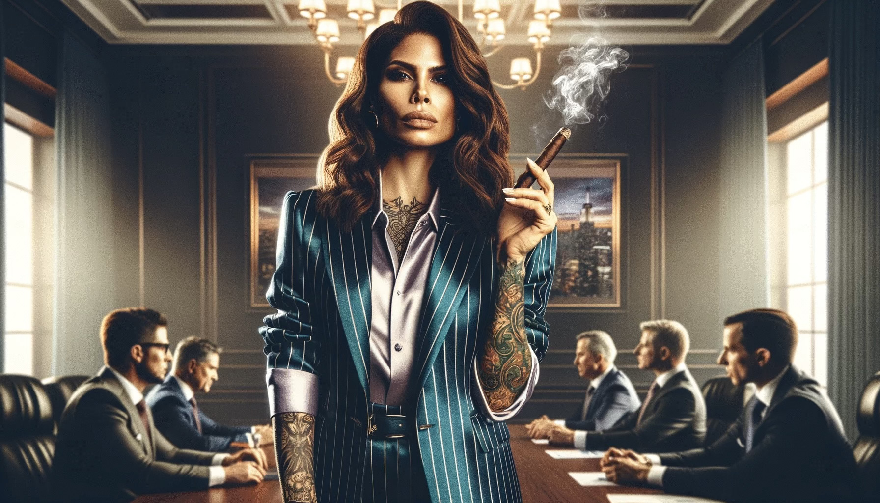 A confident woman with tattoos holding a cigar stands in a boardroom, with five businessmen seated at the conference table behind her.