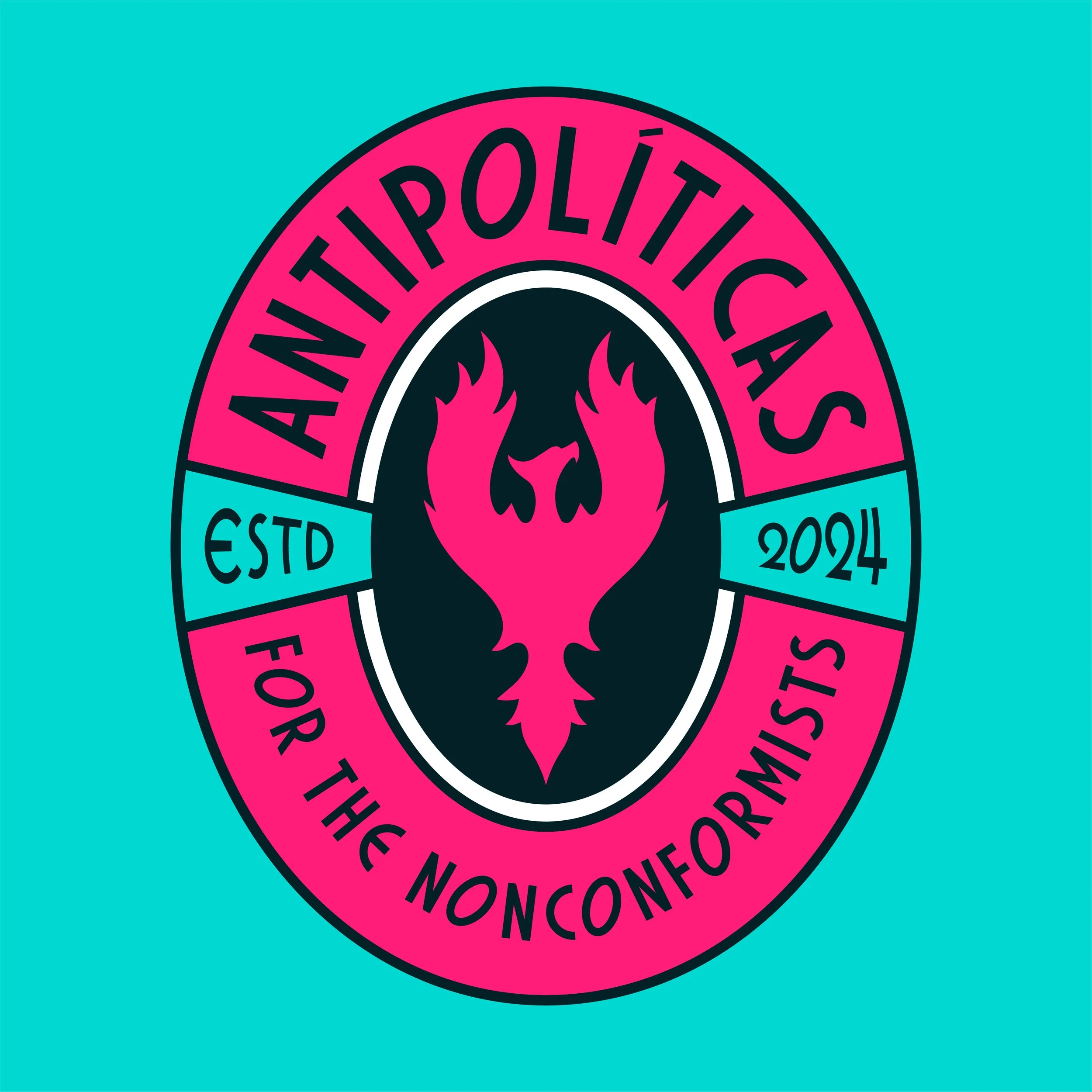 A colorful emblem with a pink outer ring containing the text "Anti-Police Cast" and "For the Nonconforms". Inside, there is a black oval with a pink flame-like design resembling a creature's face. The emblem also includes the text "ESTD 2024".