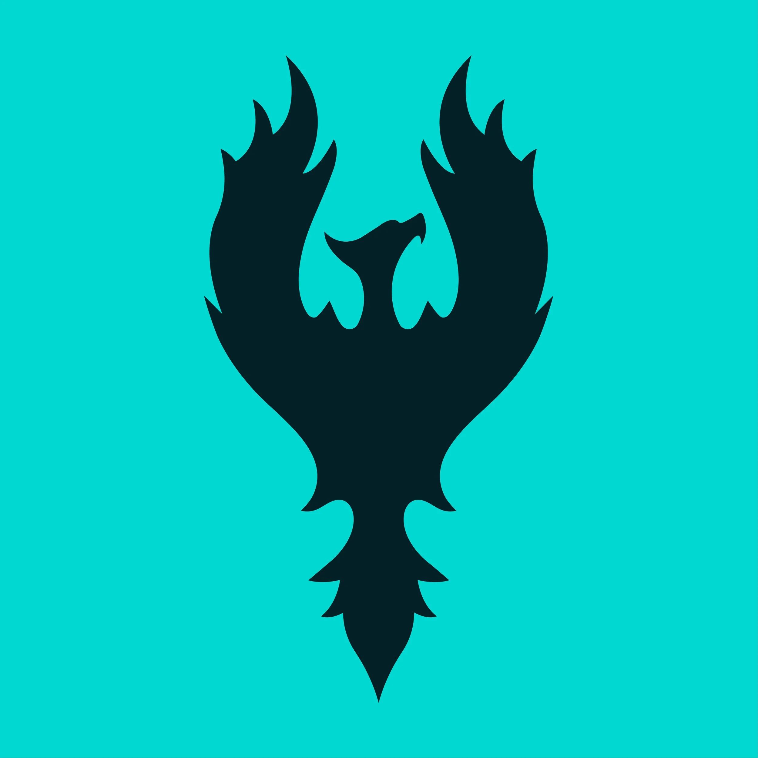 Black silhouette of a dragon with outstretched wings on a light blue background.