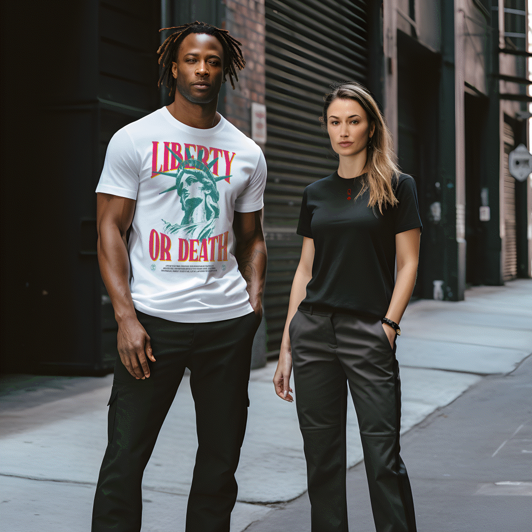 Two people standing outdoors in an urban setting. The person on the left is a tall man with dreadlocks, wearing a white graphic t-shirt with red and teal lettering and a picture of the Statue of Liberty. The person on the right is a woman with long hair, wearing a black t-shirt and black pants. Both are looking at the camera with confident expressions.