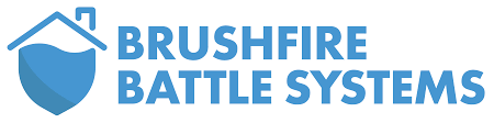 Logo for Brushfire Battle Systems featuring a shield with a house roof on top