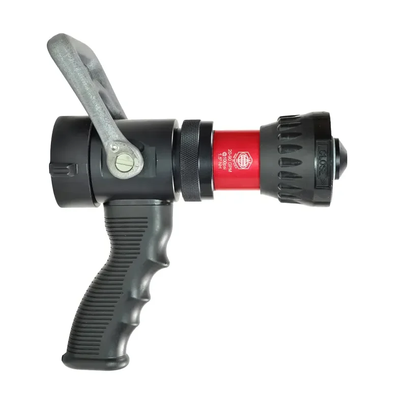 A fire hose nozzle with a gray grip handle, black and red construction, and a black adjustable cap.