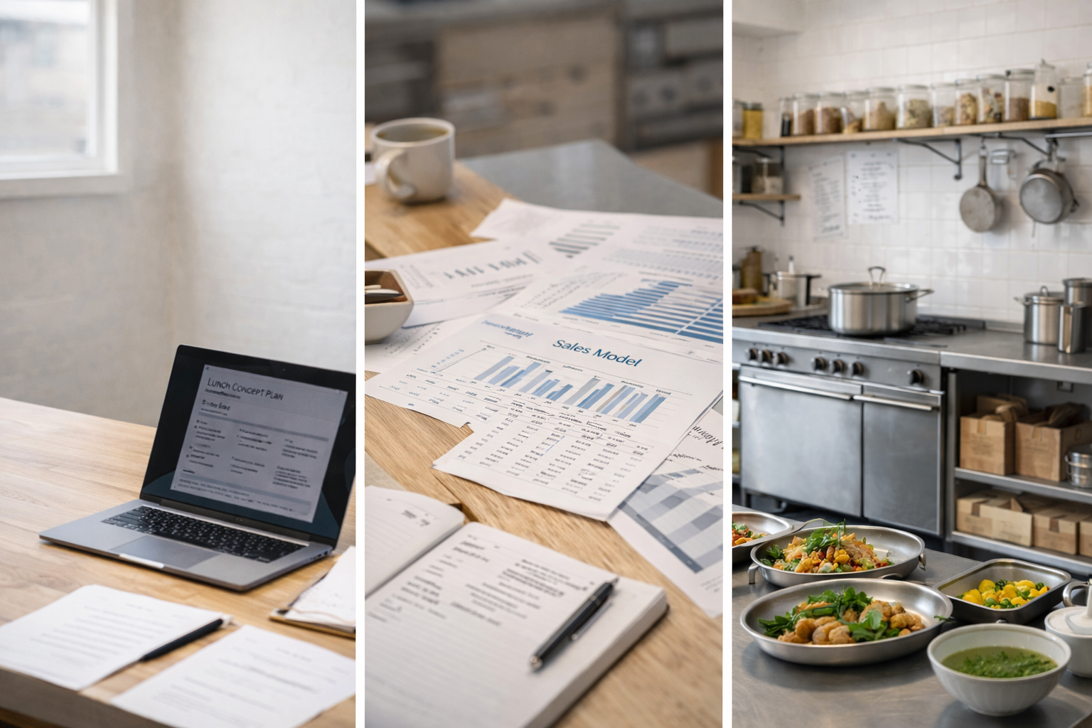 A split image showing a workspace with documents and a laptop on a wooden table on the left, a kitchen with paperwork and cups in the middle, and a commercial kitchen with food dishes on metal trays on the right.