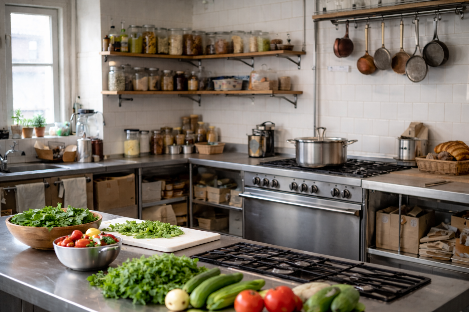 Kitchen with vegetables on the counter, open shelving with jars, and pots hanging on the wall.