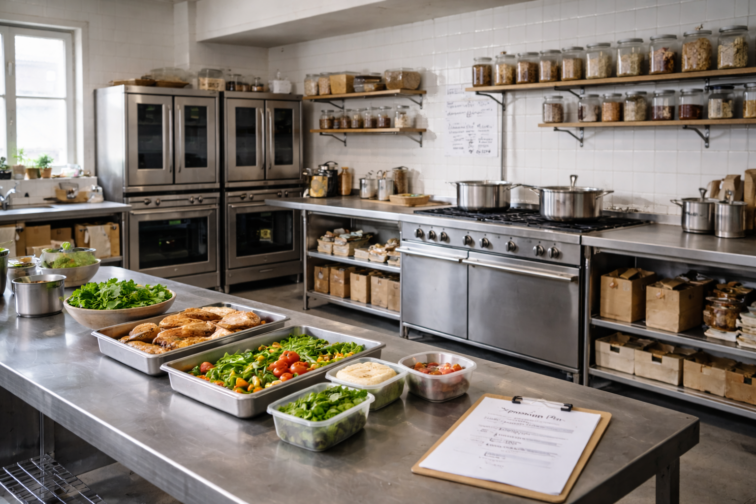 Kitchen with stainless steel appliances, shelves of jars, and a table with fresh vegetables and prepared food, ready for cooking or serving.