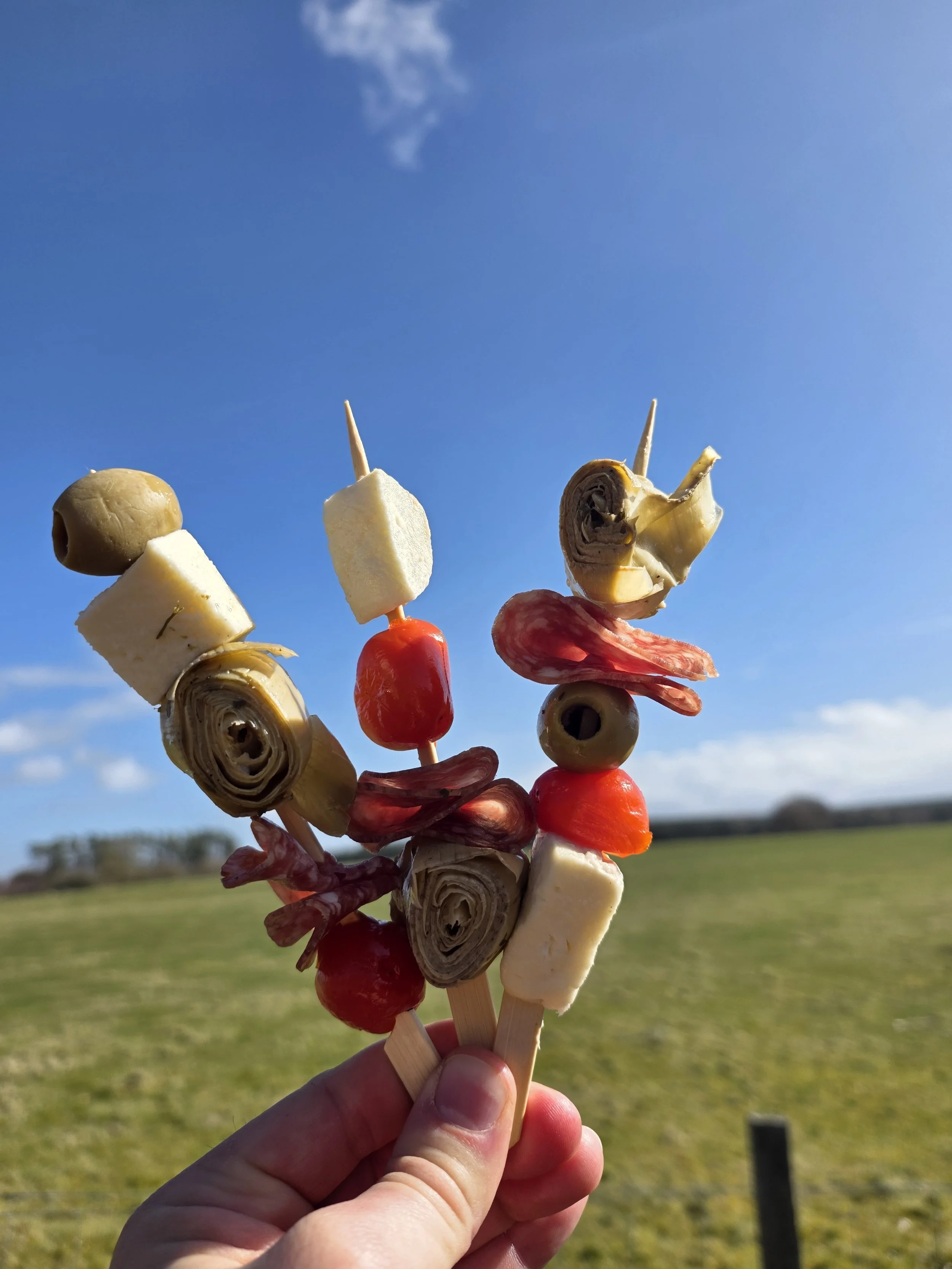 Person holding a skewer with cheese, cherry tomatoes, olives, and cured meat against a blue sky and green field background.