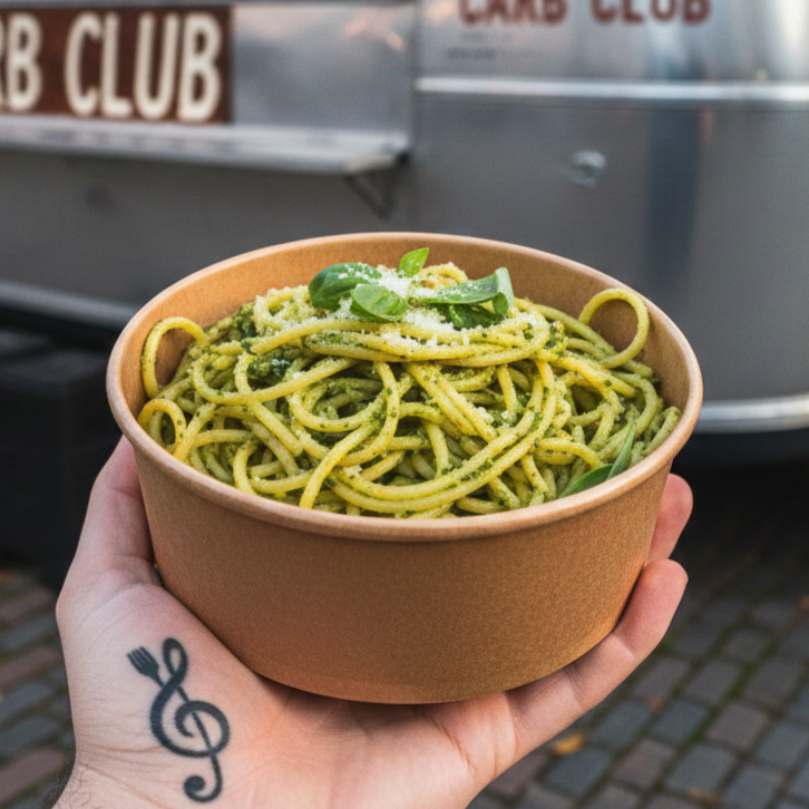 A hand holding a bowl of green pasta topped with grated cheese and basil, with a vintage trailer in the background that has a sign reading 'CARS CLUB'.