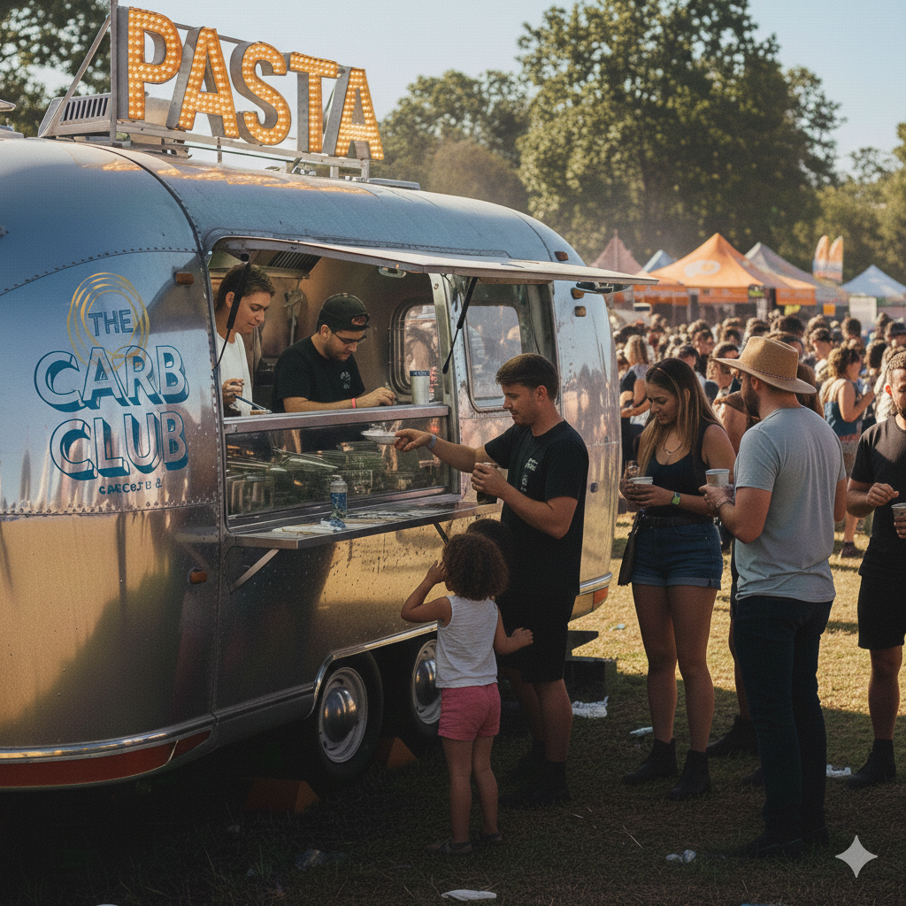 People line up at a food truck named "The Carb Club" serving pasta at an outdoor event with tents and trees in the background.