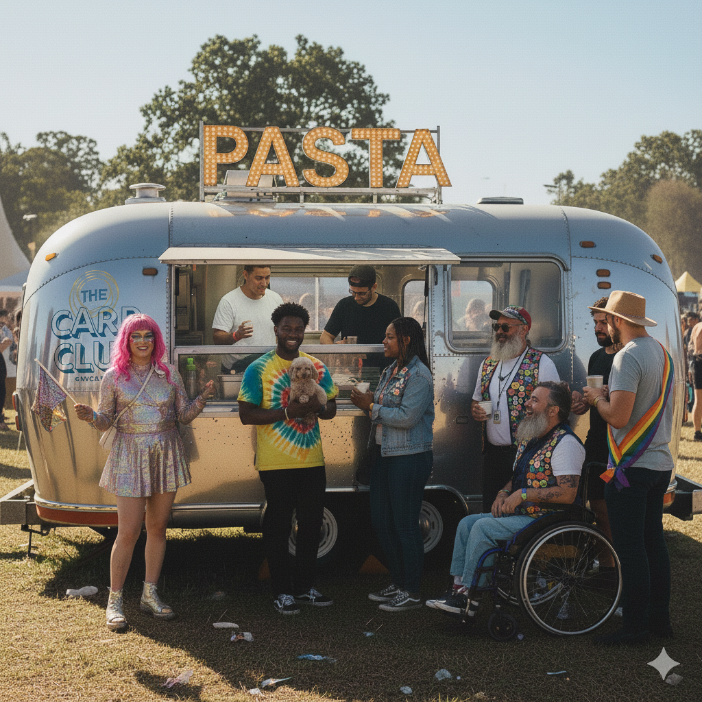 People standing in front of a food truck labeled 'Pasta' at an outdoor event with trees and tents in the background.