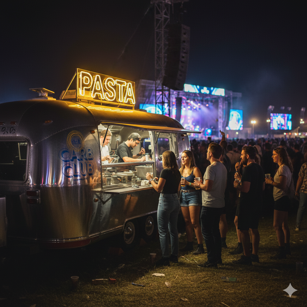 People waiting in line at a food truck with a glowing sign that says 'PASTA' at a nighttime outdoor event or concert.