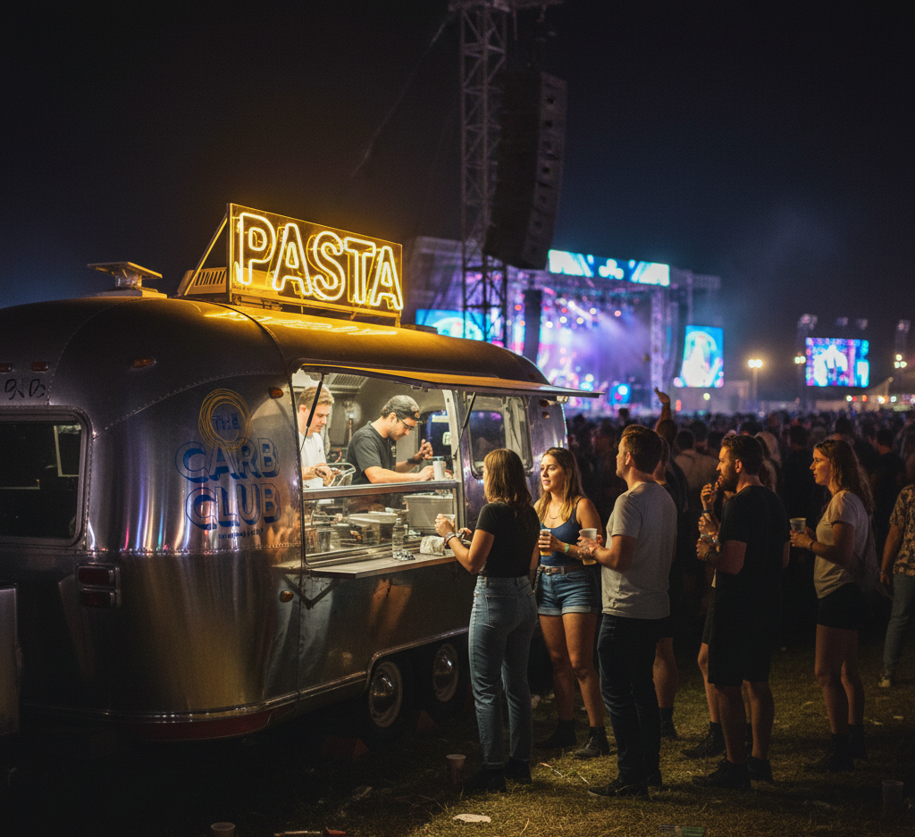 People standing in line at a food truck with a neon sign that says 'PASTA' during a nighttime outdoor music festival with stage and large screens in the background.
