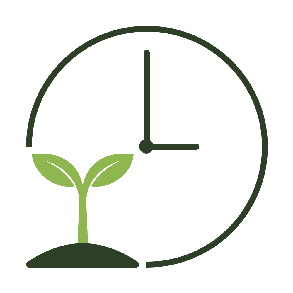 Illusztráció: Óra zöld körvonalakkal, alján növekvő növénnyel, a fenntartható időgazdálkodás szimbóluma.