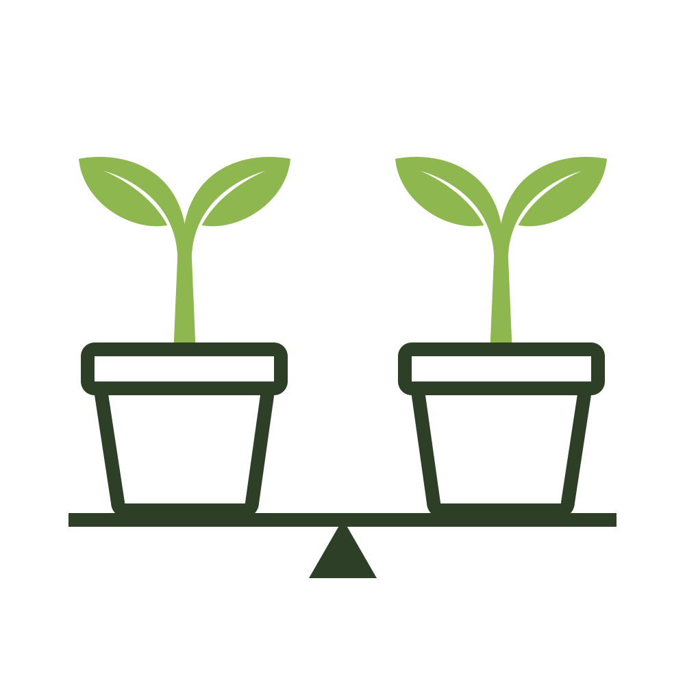 Illusztráció: Két cserepes növény egy mérlegen, egyensúlyban, a növekedés és összehasonlítás szimbóluma.