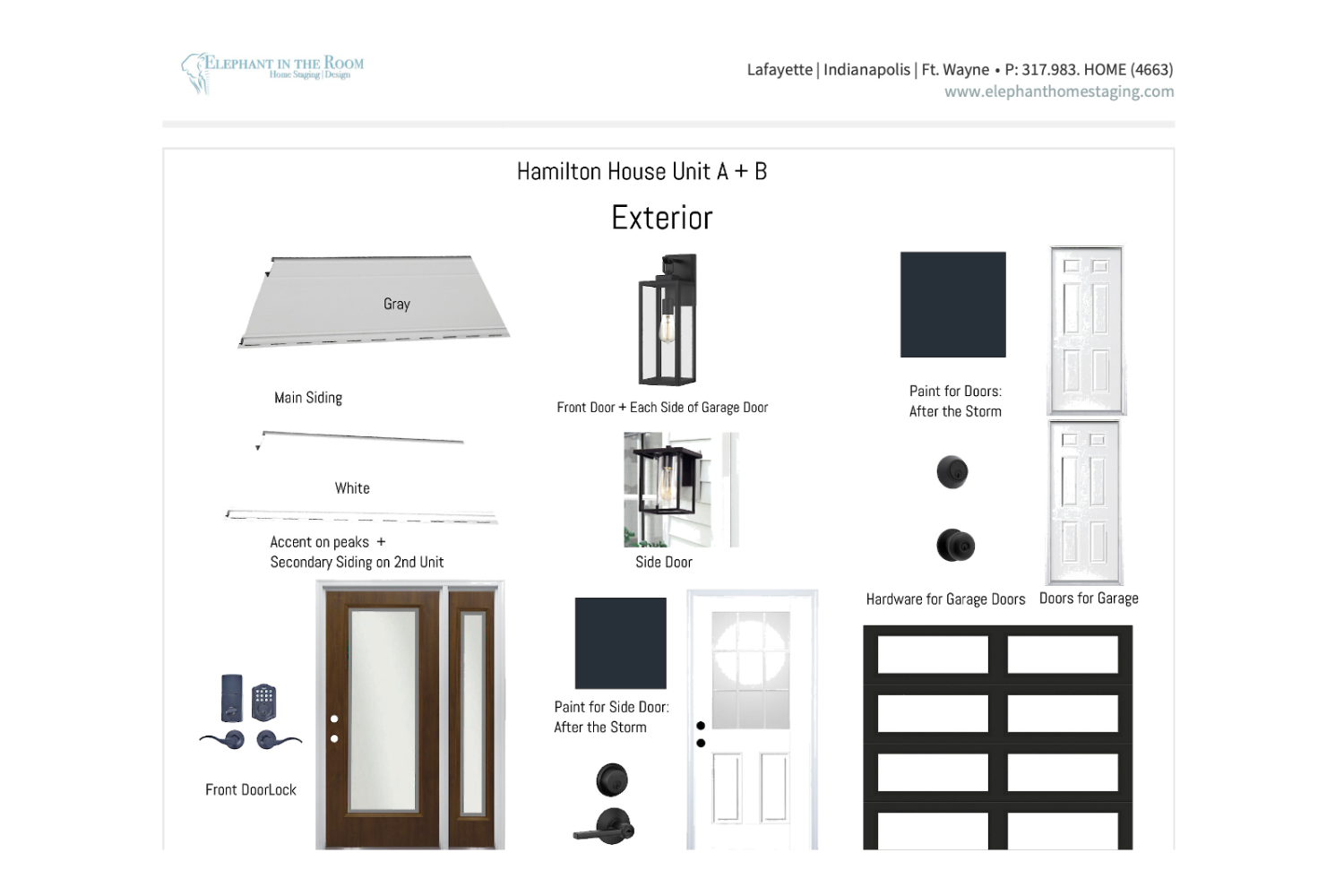 Design strategy mood board for an Indianapolis investment property, showing finishes and materials selected to support long-term rental performance and resale value.