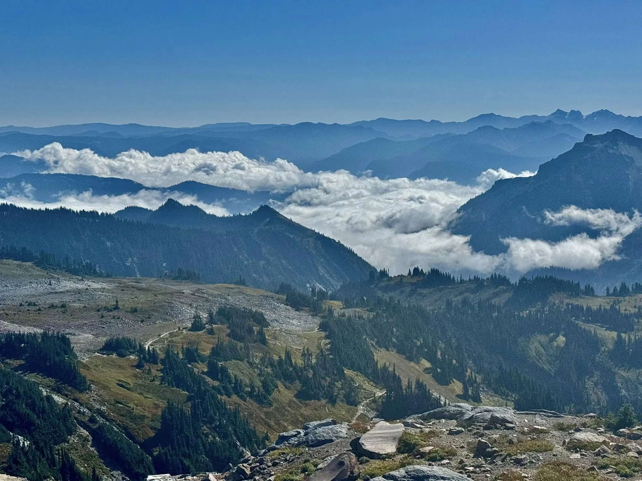 Scenic view of blue mountain ranges with clouds in the valleys and a rocky foreground. nature for mental health, emotional well being, nature walk, forest bathing, exercise, lifestyle modifications, wellness