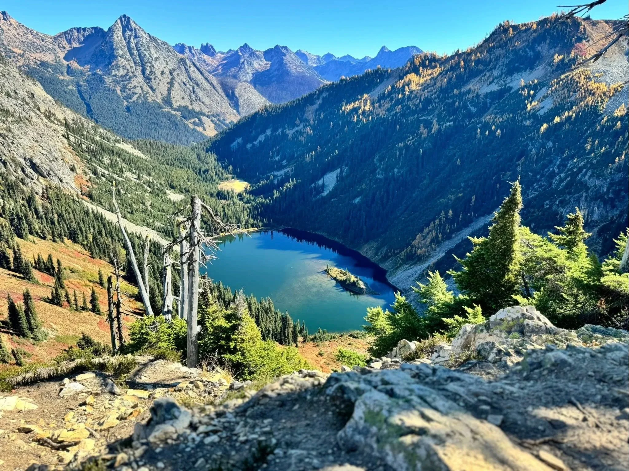 A high mountain valley with a lake, surrounded by dense forests and rugged peaks under a clear blue sky. mental health, nature, forest bathing, caring minds llc, functional psychiatry
