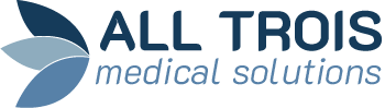 Logo of All Trois Medical Solutions with a three-leaf design in shades of blue