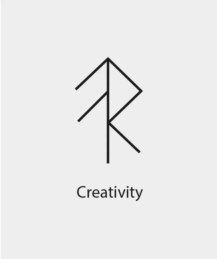 Een zwart logo bestaande uit een abstracte structuur die vormen van de letters P, R en K lijkt te vormen, met de woord 'Creativity' eronder.
