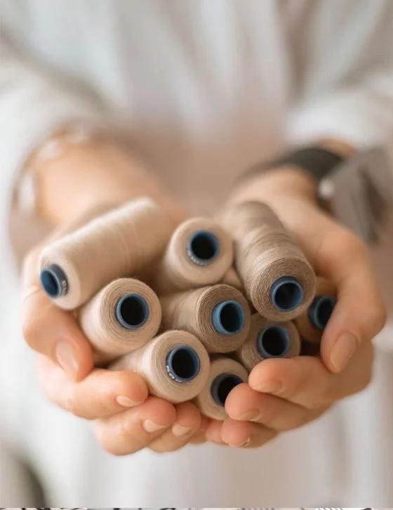 Twee handen houdend meerdere spuitbussen met beige en blauwe doppen.
