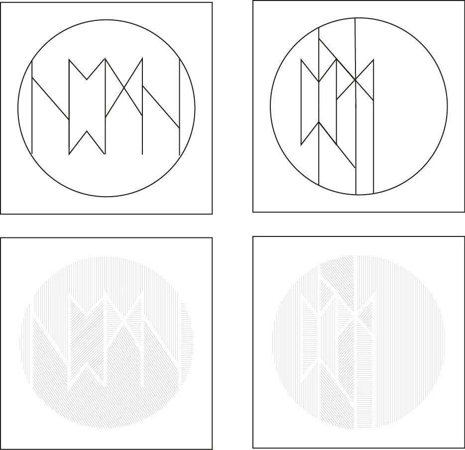 Vier black-and-white abstracte cirkelpatronen, twee met lijnen en twee met rastereffect, in een vierkant gerangschikt.