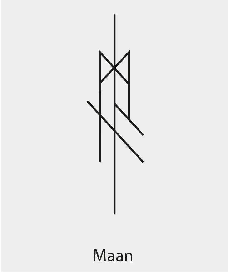 Minimalistisch zwart grafisch ontwerp met lijnen en symbolen, onderaan de tekst "Maan".