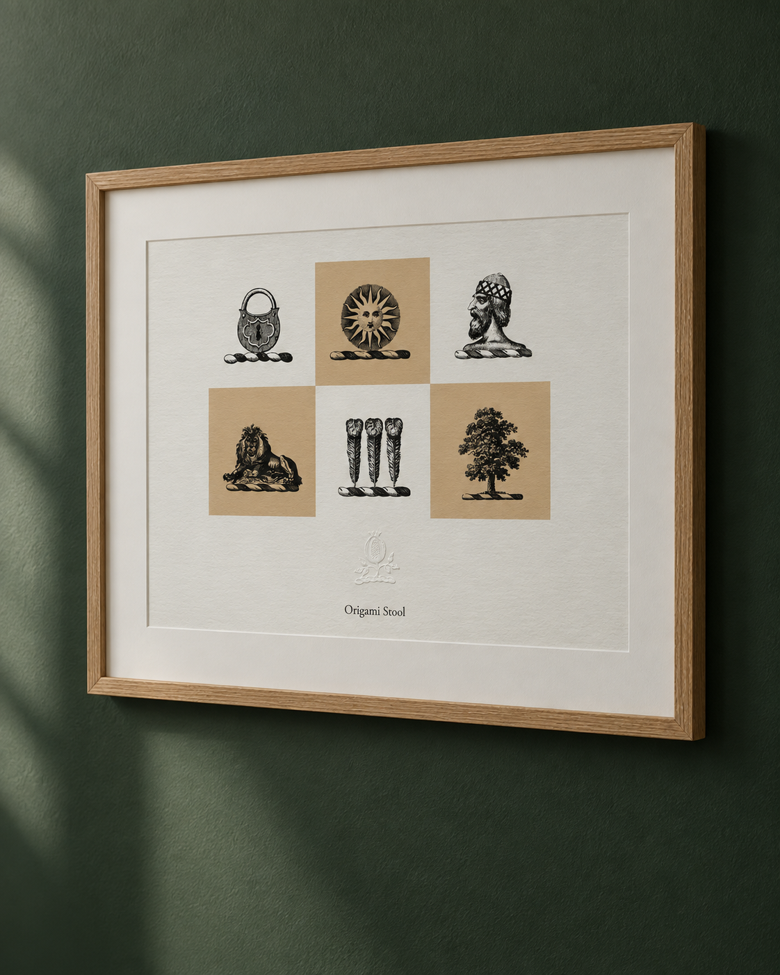 Framed artwork titled 'Origami Stool' depicting six illustrations of traditional and cultural symbols, including a lock, a sun, a bearded man, a lion, three rolled paper scrolls, and a tree, arranged in a grid pattern with alternating background colors.