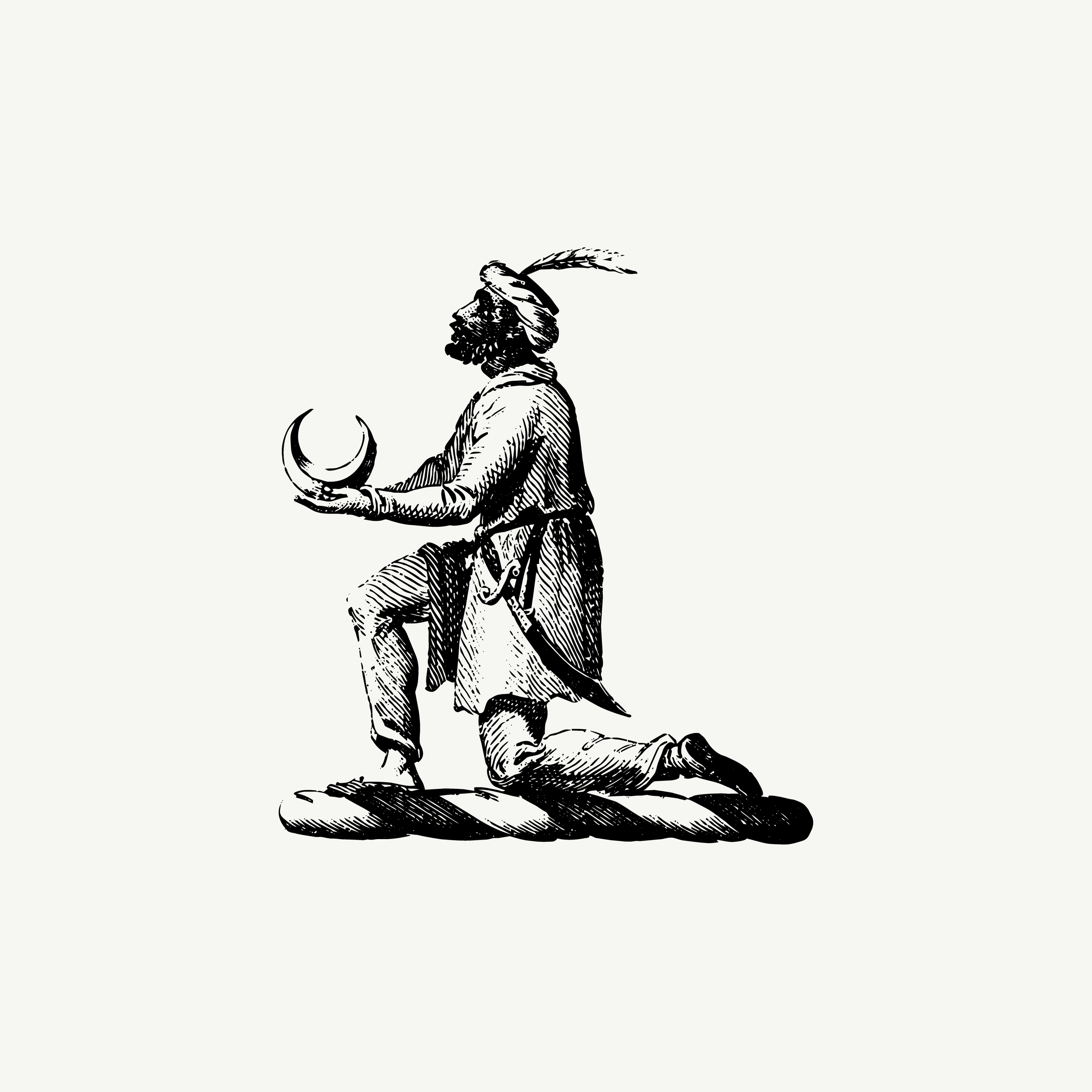 Historic engraved crest of a Figure Holding Crescent, paired with the orientation line "Only the strong kneel by choice" — from the Story & Sigil archive