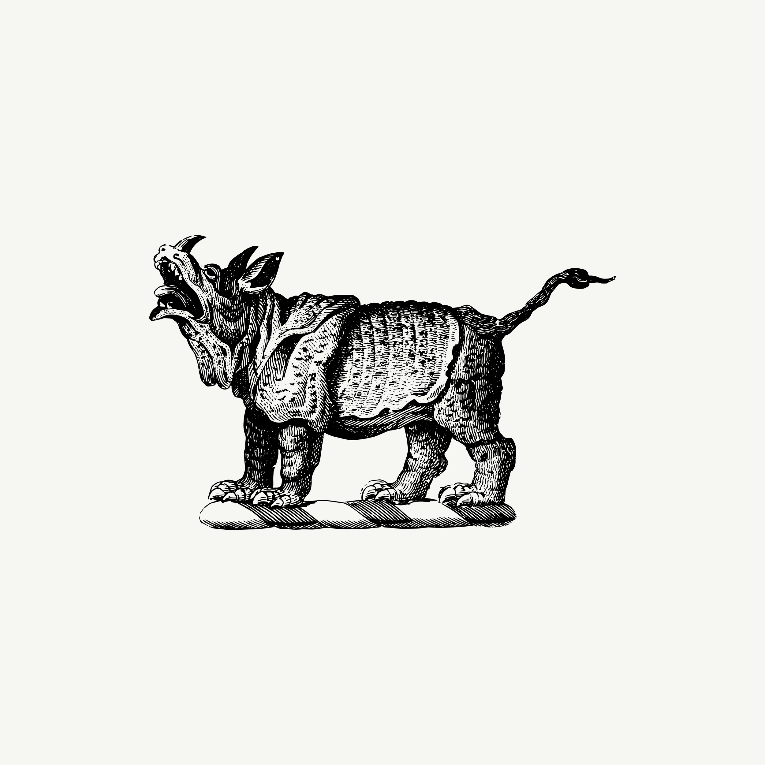 Historic engraved crest of an Armoured Beast, paired with the orientation line "Don't leave me" — from the Story & Sigil archive