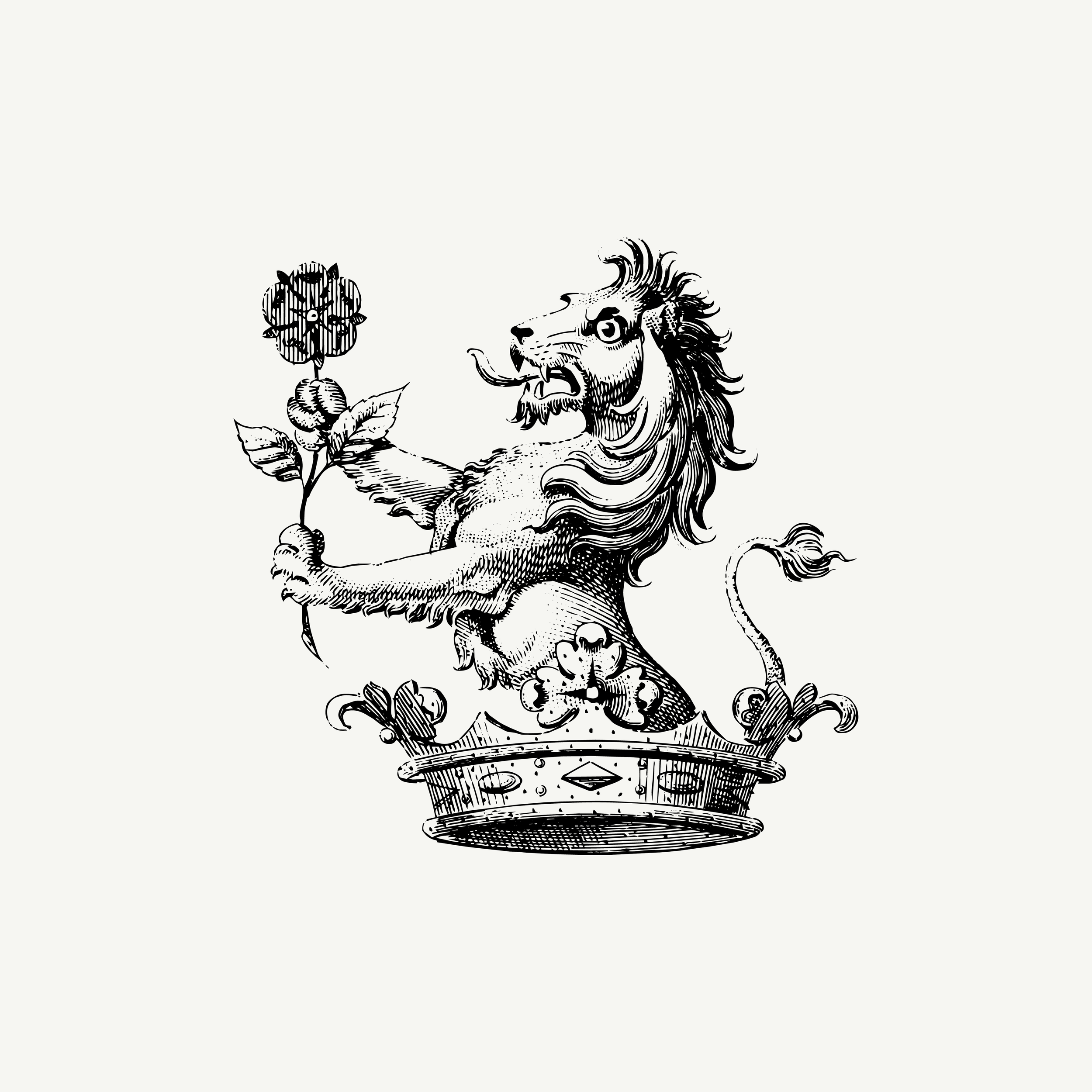 Lion holding a flower and a crown, the opening crest of What Remains, paired with the line "Some people learn protection long before tenderness"