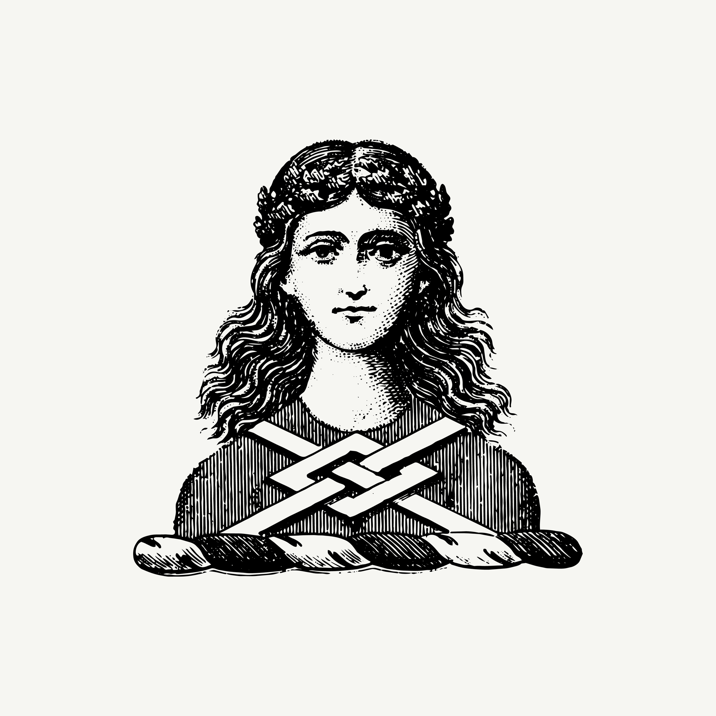 Engraved crest depicting a woman with braided hair and crossed bands