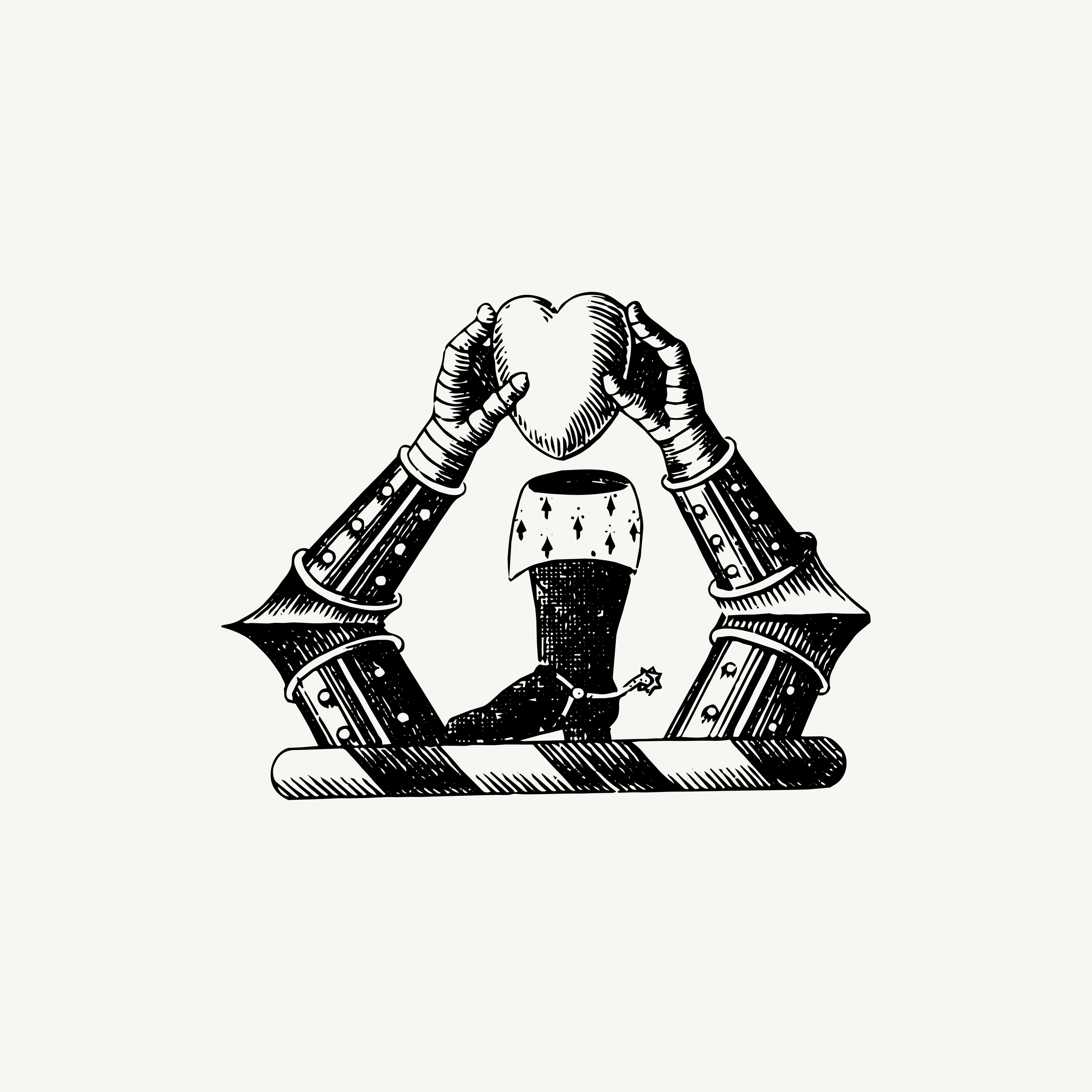 Historic engraved crest of an Armoured Hands Holding Heart, paired with the orientation line "Sometimes it's enough to find the courage" — from the Story & Sigil archive