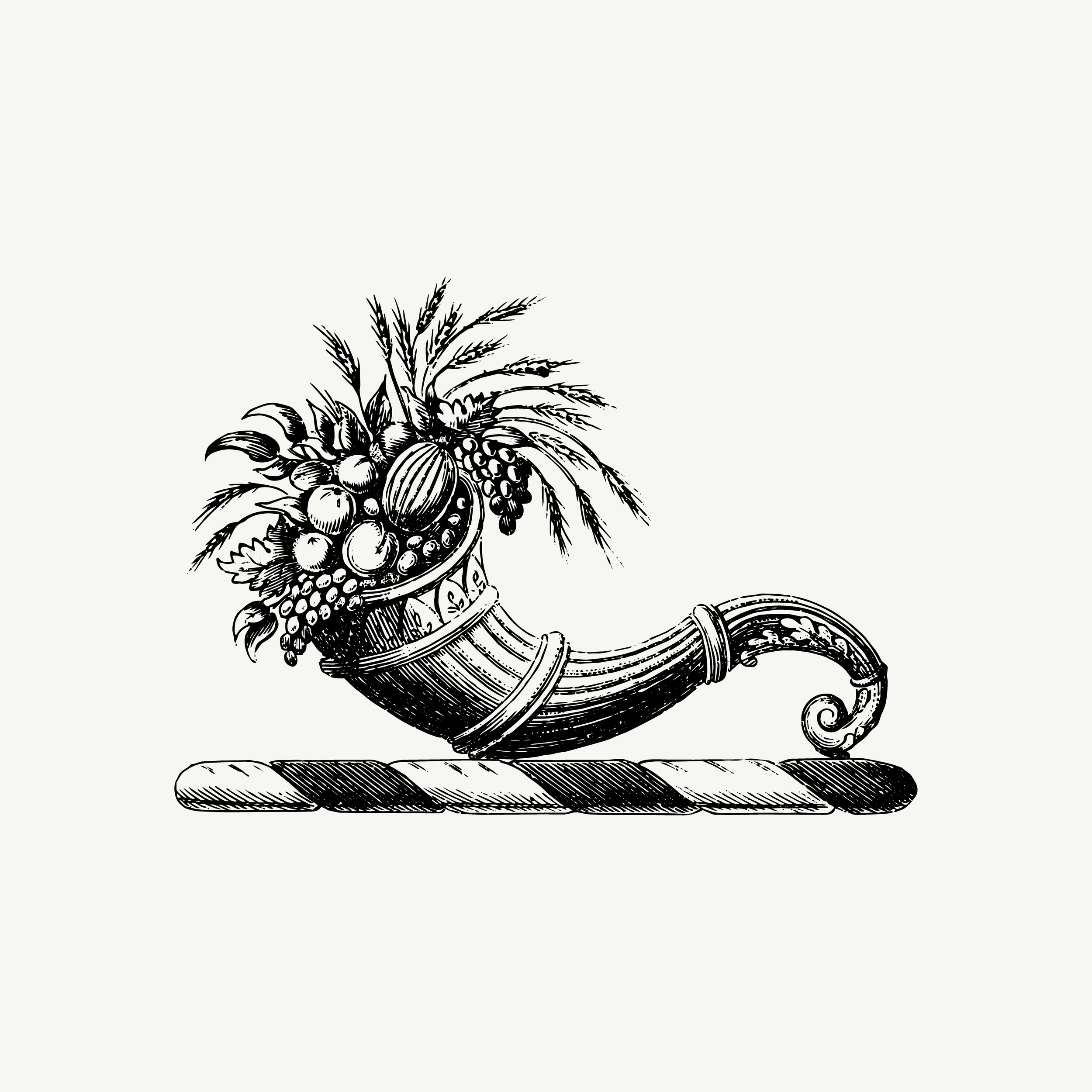 Engraved crest depicting a cornucopia horn with fruit, historic symbolic illustration, black and white